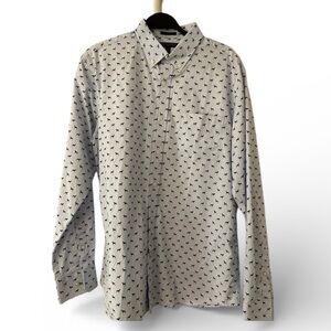 BANANA REPUBLIC All Over Dog Print Button Down Light Blue Doberman SZ LG Cotton